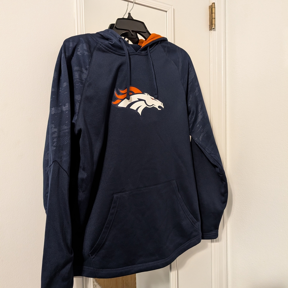 Size M, NFL Denver Broncos Hoodie With Orange And Blue Camo Accents